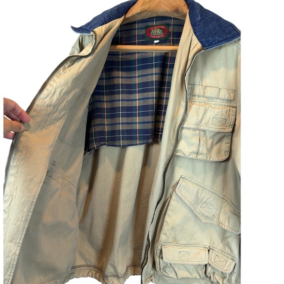 Vintage Tan Canvas Utility Jacket Denim Collar Utility Pockets Tool Straps Large - Picture 2 of 14